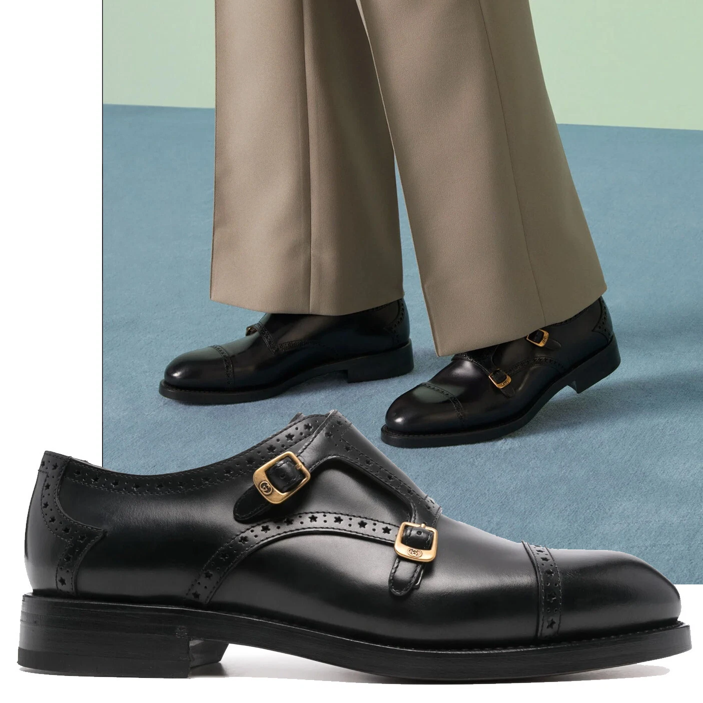 CHAUSSURES GUCCI HOMMES MOINE STRAP BROGUE CAP OXFORDS NOIR 1 taille 9,5 US 10