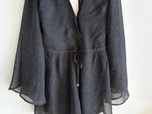 GHANDA Ladies Black Playsuit Size Medium Sheer Long Sleeve Short Polka Dot Vneck - Picture 5 of 16