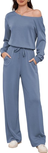 Women's Jumpsuits Dressy Casual Off Shoulder Long Sleeve Wide Leg Pants Romper - Picture 2 of 49