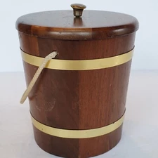 Vintage Firkin Lidded Bucket Dove Tail Pieced Wood Banded Pail Rope Handle 5.5"