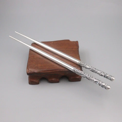 Palillos de plata fina real 999 mango de dragón y fénix palillos saludables - Imagen 8 de 24