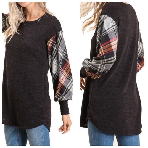 Balloon Sleeve Raglan Tunic Size S Black Long Striped Sleeve Bombom (Boutique) - Picture 3 of 8