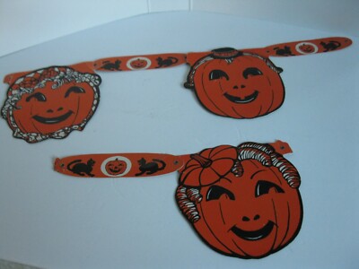 Vintage Halloween Beistle Jack-o'-lantern Banner Garland AS IS Three Pumpkins