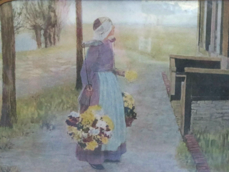 Grubby Primitive Old Wood Framed Picture Tray w Handles Dutch Woman w Flowers - Image 2 of 4