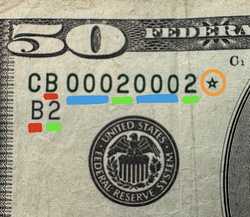 Binary Quad Double Repeater 0s $50 Dollar Bill Fancy Serial Number Star