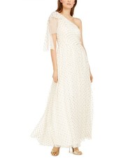 Eliza J Womens Glitter Polka Dot Asymmetrical Dress, Off-White, 14