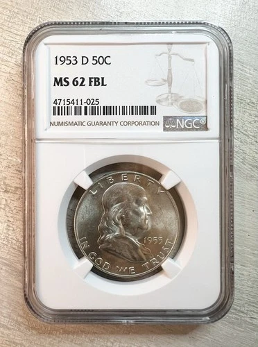 1953-D Franklin Half Dollar NGC MS62 FBL Full Bell Lines $1.00 NR!