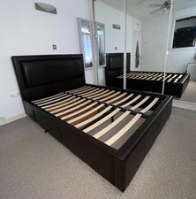 Dark Brown Faux Leather Double Bed (4ft 6in) Slatted base - 2 Storage Drawers