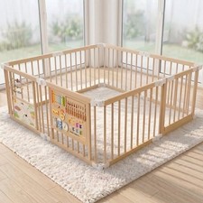 Wooden Foldable Baby Playpen Play Yard Fence Equipped with 2 Fun Game Boards