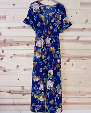 SHEIN Curve 4XL Navy Blue Floral Faux Wrap Maxi Dress Flutter Sleeve