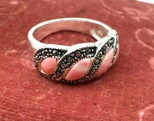 Vtg Signed 925 Sterling Silver Ring Marcasite Pink Agate Size 6.25 J120