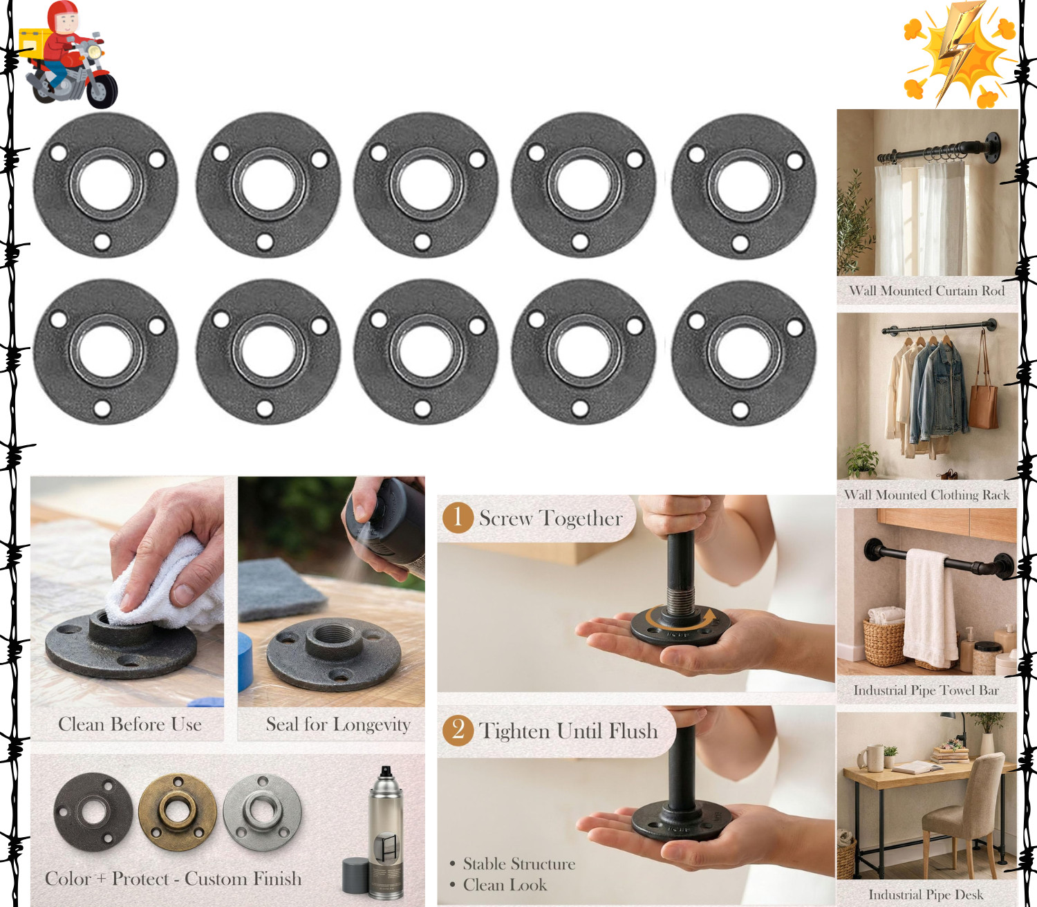 10 Pack 3/4 inches Malleable Cast Iron Pipe Flange Industrial Pipe Black Steel