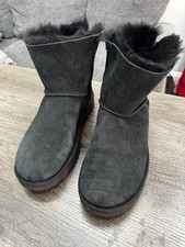 UGG Black Bow Fur Trim Ankle Boots Women Pull On Suede Sheepskin Lined