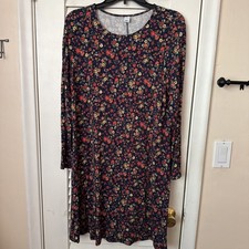 Old Navy Navy Floral Print Swing Dress Size L Long Sleeve