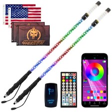 Pair 4ft RGB Spiral LED Whip Lights Antenna Chase + top strobe light For Polaris
