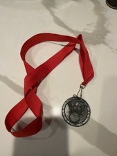 Basketball Award Medal Silver Tone w Red Ribbon Blank Back Sports Trophy Medal