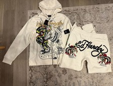 Large Ivory Ed Hardy Mens Fleece Sweat Hoodie and Pants Set New York Y2K
