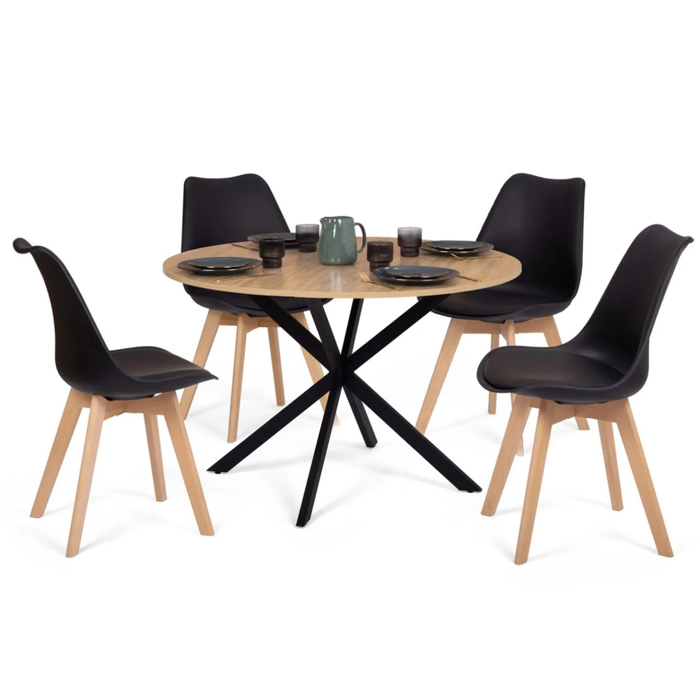 Table à manger ronde ALIX design industriel en bois et noir avec 4 chaises
