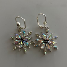 Snowflake Drop Earrings Silver AB Crystal Winter Holiday Style