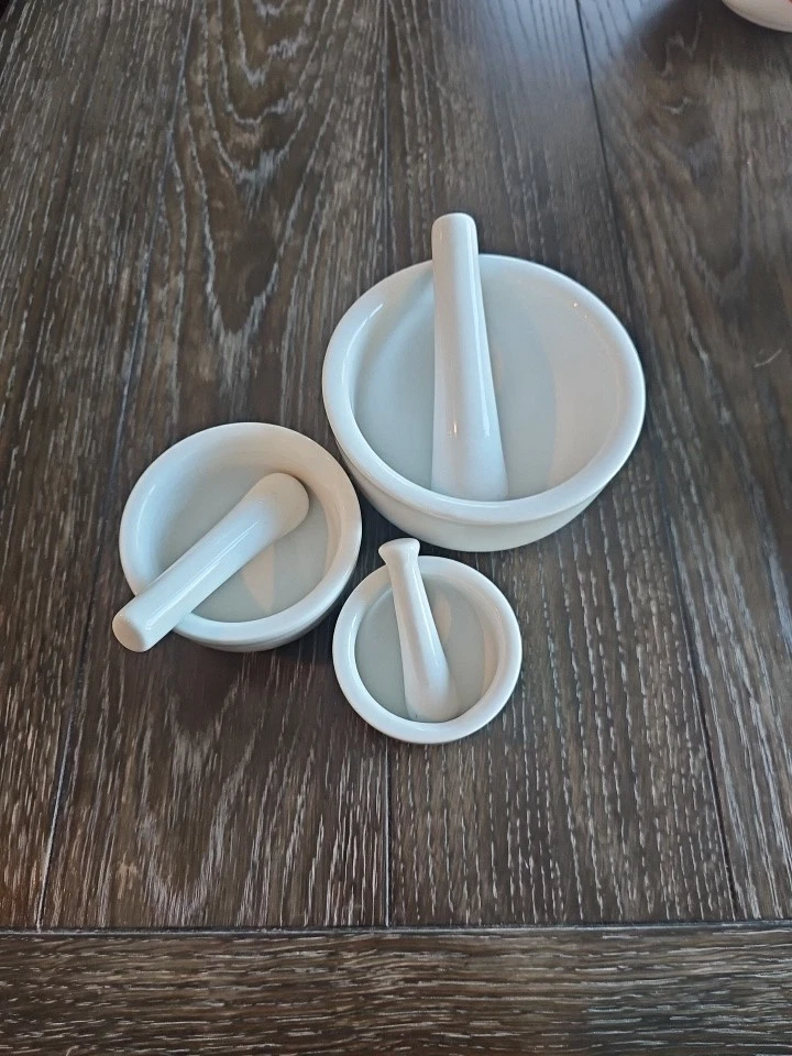 Set of 3 White Porcelain Mortar & Pestle for Herbs, Spices or Medicines