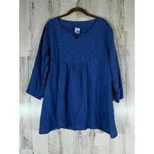 Match Point USA Linen Tunic Top Large Cornflower Blue Pleated 3/4 Sleeve READ