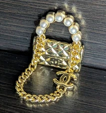 Chanel Button Gold Purse Charm with Pearls 22mm x 15mm Zipper Pull Stamped