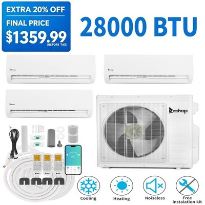 ZOKOP 28000 BTU 3 Zone Ductless Mini Split Air Conditioner 20 SEER2 3x 12000 BTU