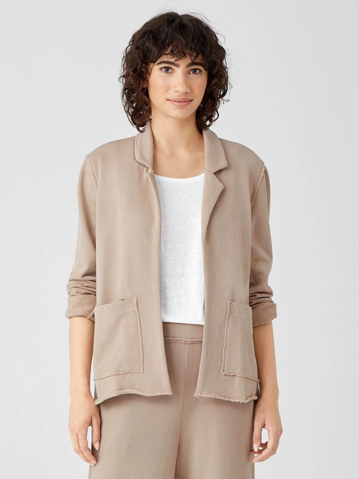 Eileen Fisher Terry Blazer Jacket Khaki Organic Cotton Raw Edge Shacket Large