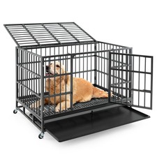 48" Foldable Heavy-Duty Metal Dog Cage W/ Lockable Rolling Casters Black
