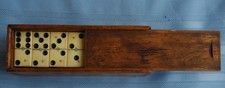 Antique Set of 28 Ebony  Bone Dominoes in Original Dovetailed Wood Box W/ Decal