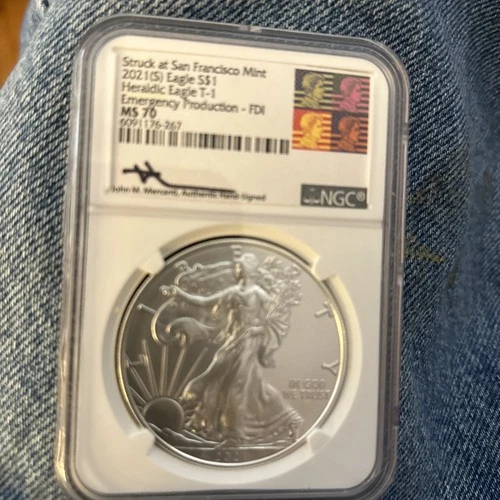 2021-S HERALDIC EAGLE T-1 NGC MS70 EMERG. PROD. - FDI ~ JOHN MERCANTI SIGNED