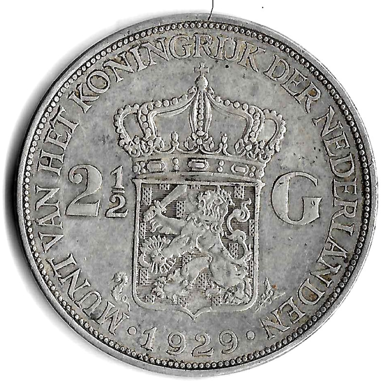 1929 - Netherlands - 2-1/2 Gulden  - .720 Silver - AU - 38-mm      ( BX-7)