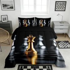 3D Chess Bedding Set Size 3 Pcs,International Chess Queen Black Gray Gold