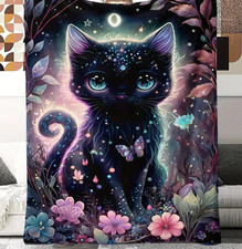 Kuschel-Decke 200cm Katze Mystic schwarz  Gothic Fleecedecke Flanell Sofa Blume