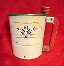Vintage Androck Hand I Sift Flour Sifter Red Tulip Flower 3 Screen Wood Handle