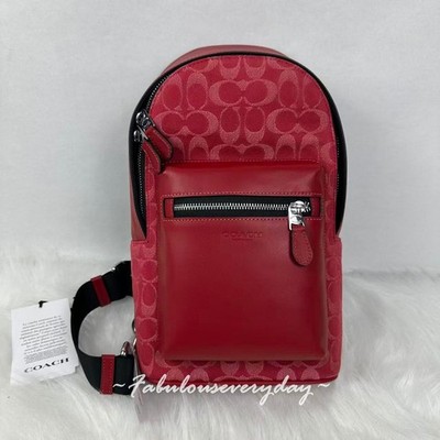 Coach Men's West Pack In Signature C Denim & Leather  Silver/Ruby Red CDC50 NWT