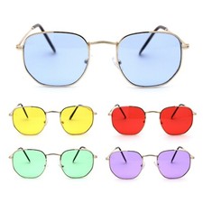 Mens Hippie Groovy Pop Color Lens Metal Rim Rectangular Sunglasses