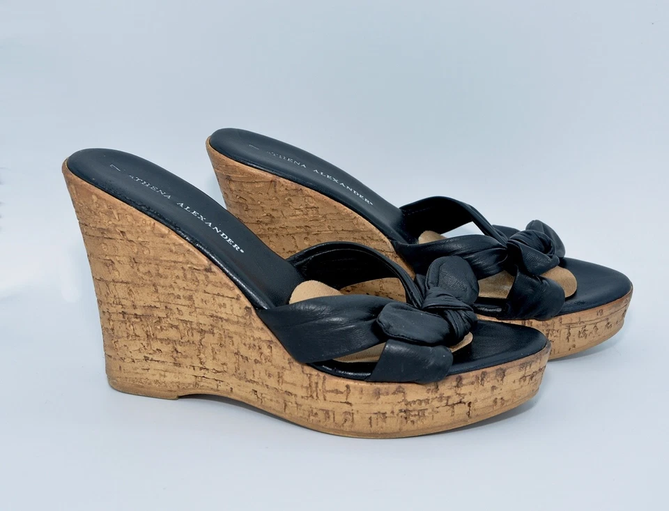 Sandalias de plataforma Athena Alexander de cuero negro con cuña de corcho de 4" talla 7 - Usadas 1X Foto 3 de 4