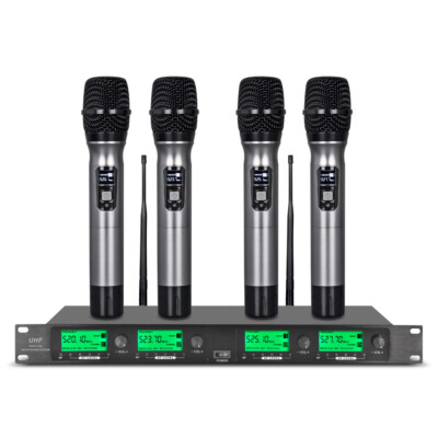 Wireless Microphone System Pro Audio UHF 4 Channel 4 Handheld Metal Dynamic Mic