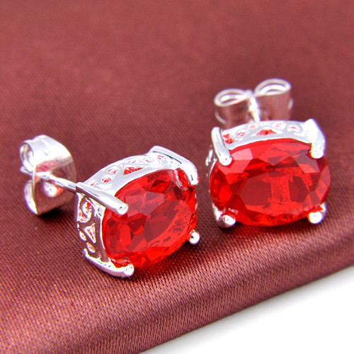 Silver Stud Earrings Fire Garnet Gemstone Silver Stud Earrings 1/2 Inch - Picture 2 of 6