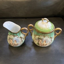 Antique Carlsbad Austria Classical Maidens Green Gold Porcelain Cream &Sugar