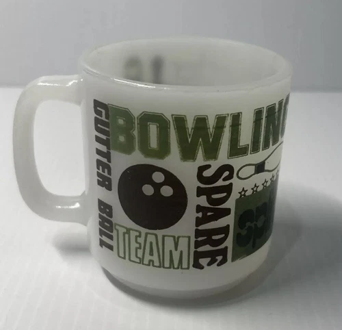 VTG  Glasbake 1977 Milk Glass Bowling Words Coffee Mug Cup Spare Strike Gutter