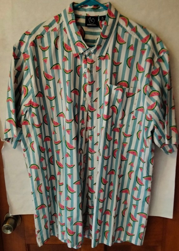 Burnside Short Sleeve Watermelon Button Up Shirt Size XL Blue And White Stripes 