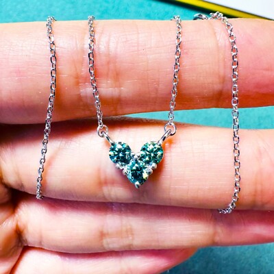 3stone 4MM Greenish Blue Moissanite Heart Necklace 925 Sterling