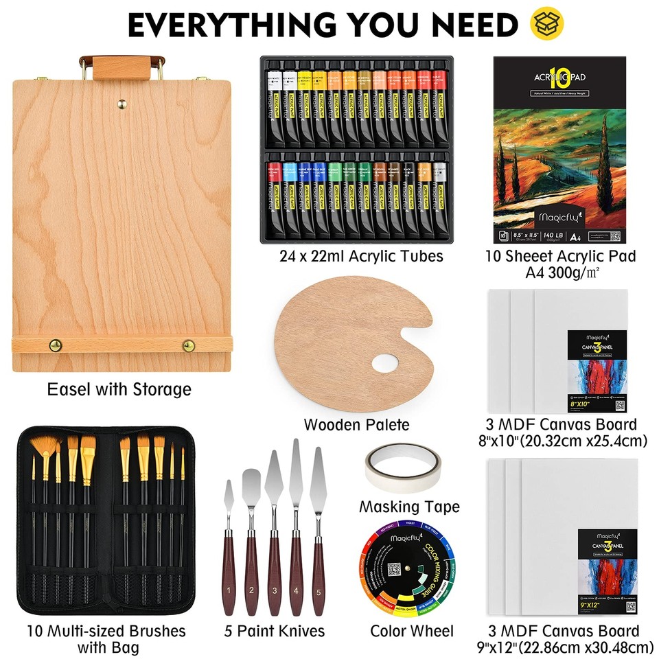 Magicfly Acrylic Painting Set with Wooden Easel Box 24x22ml Acrylic