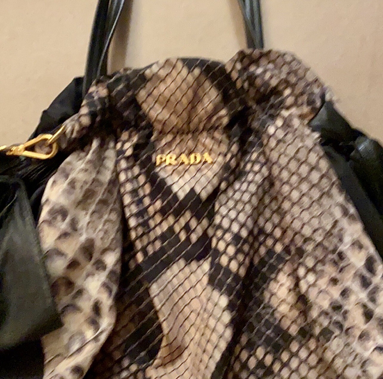 Prada Black Leather w/ Nylon Python Print Bow Sat… - image 2