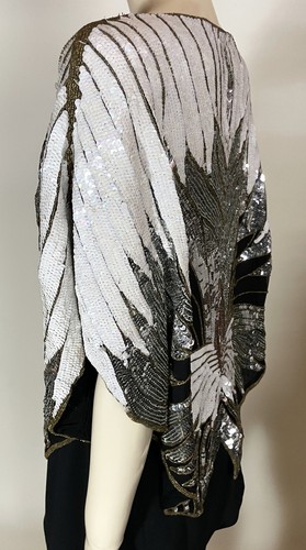 1970s Vintage Art Deco Style Sequin Animal Creature Whisker Eye Pattern Top L XL - Picture 7 of 10