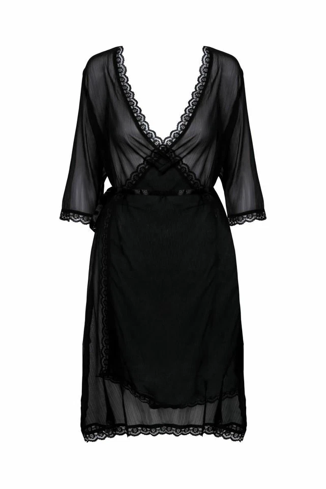 Chiffon-Morgenmantel mit Spitze Plus Size inkl. String Kimono schwarz Made in EU - Bild 4 von 4