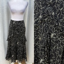 Lauren Ralph Lauren black off white floral tiered silk midi skirt