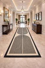 Hand Tufted Wool Hallway Runner Rug Modern Geometric Arch Cream Black Long Rug.